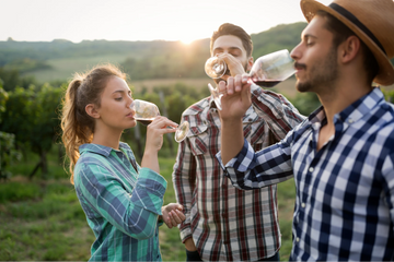 Friends enjoying a sunny day in the vineyard, sharing a glass of red wine and celebrating the simple pleasures of life.