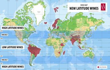 New Latitude Wine Map, showing regions beyond the 30 to 50 degree wine belt.