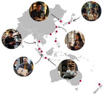 Map of Asia featuring wine enthusiasts engaged in different wine-related activities.