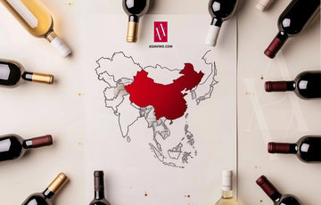 Wine bottles arranged around a map of China, symbolizing wine distribution across the country.