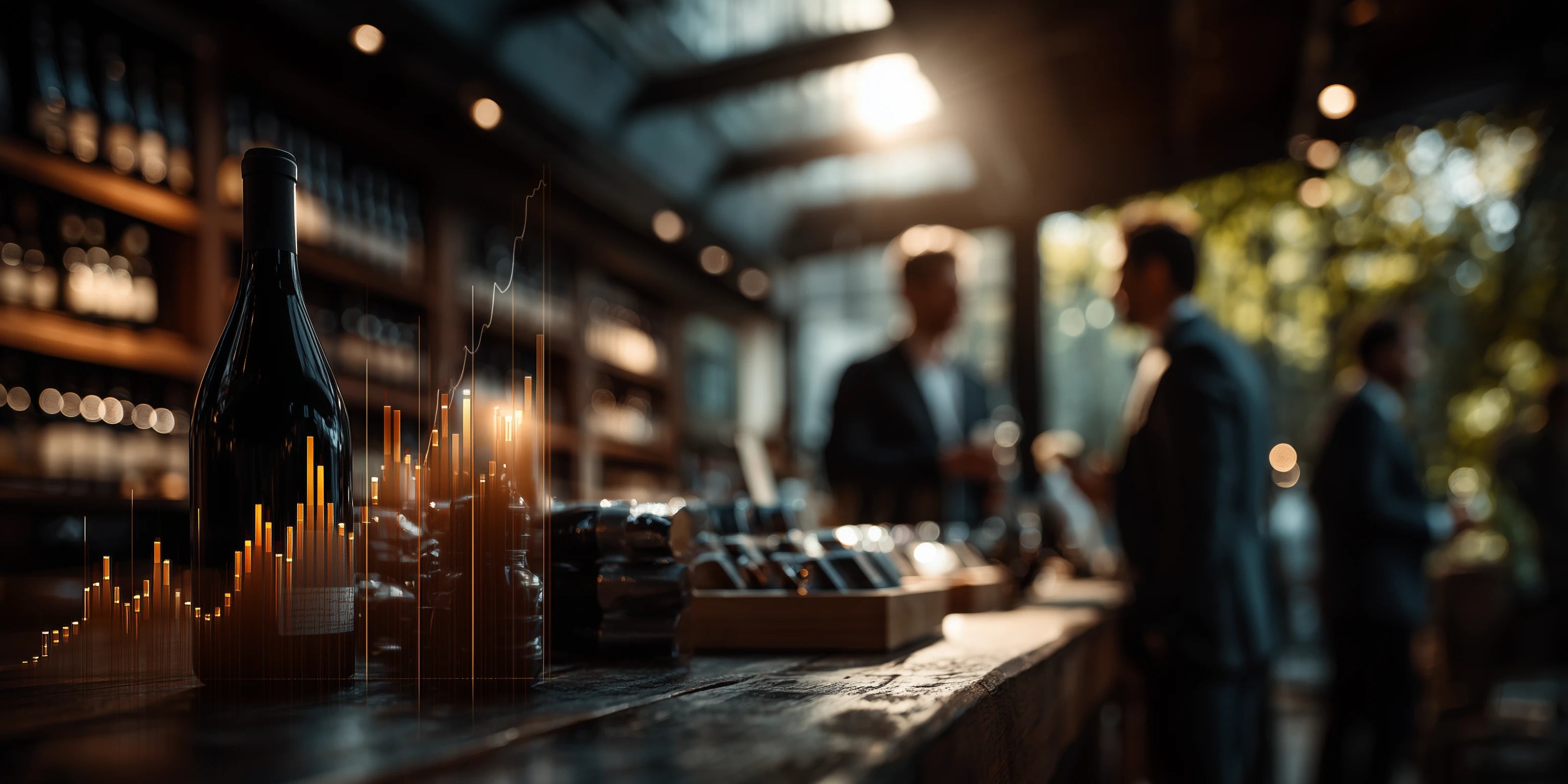 Wine shop interior with bottles and a bar counter in the background, overlaid with a graph showing rising sales.