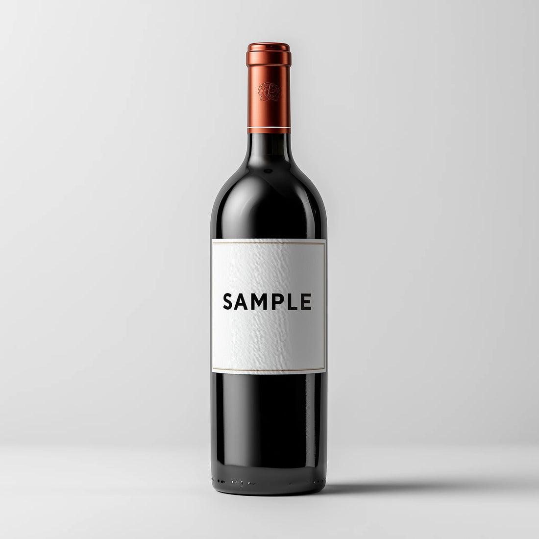 Red wine bottle with a 'SAMPLE' label on a light gray background