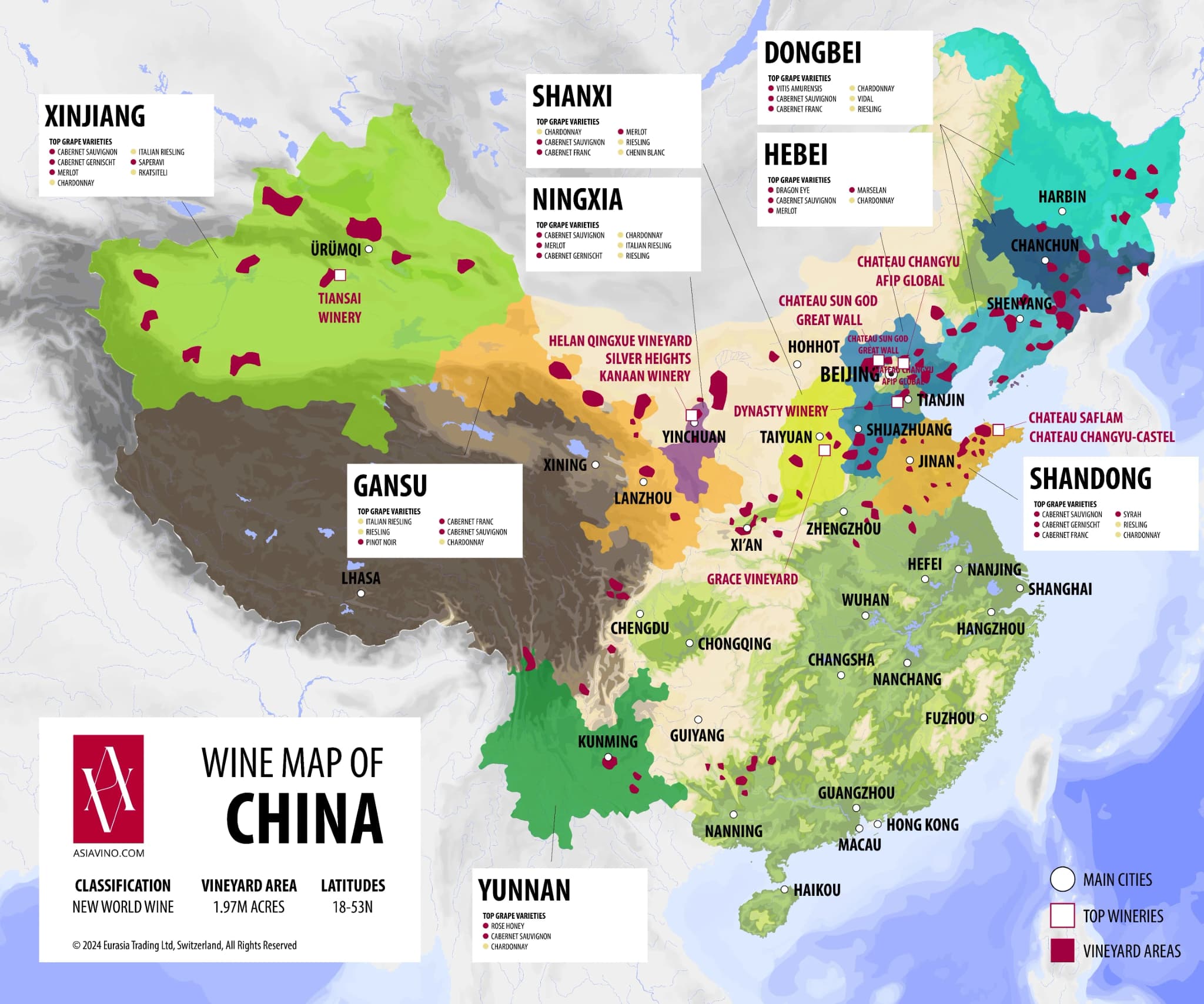 中国の主要ワイン産地は海洋性、大陸性、高地の気候にまたがり、世界でも特に多様なブドウ栽培の風景をつくっています。