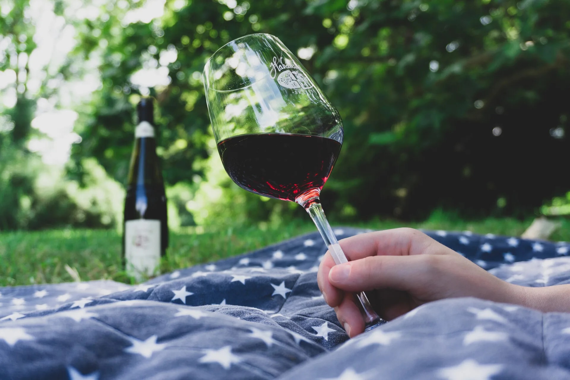 A glass of red wine held over a star-patterned picnic blanket, the bottle behind