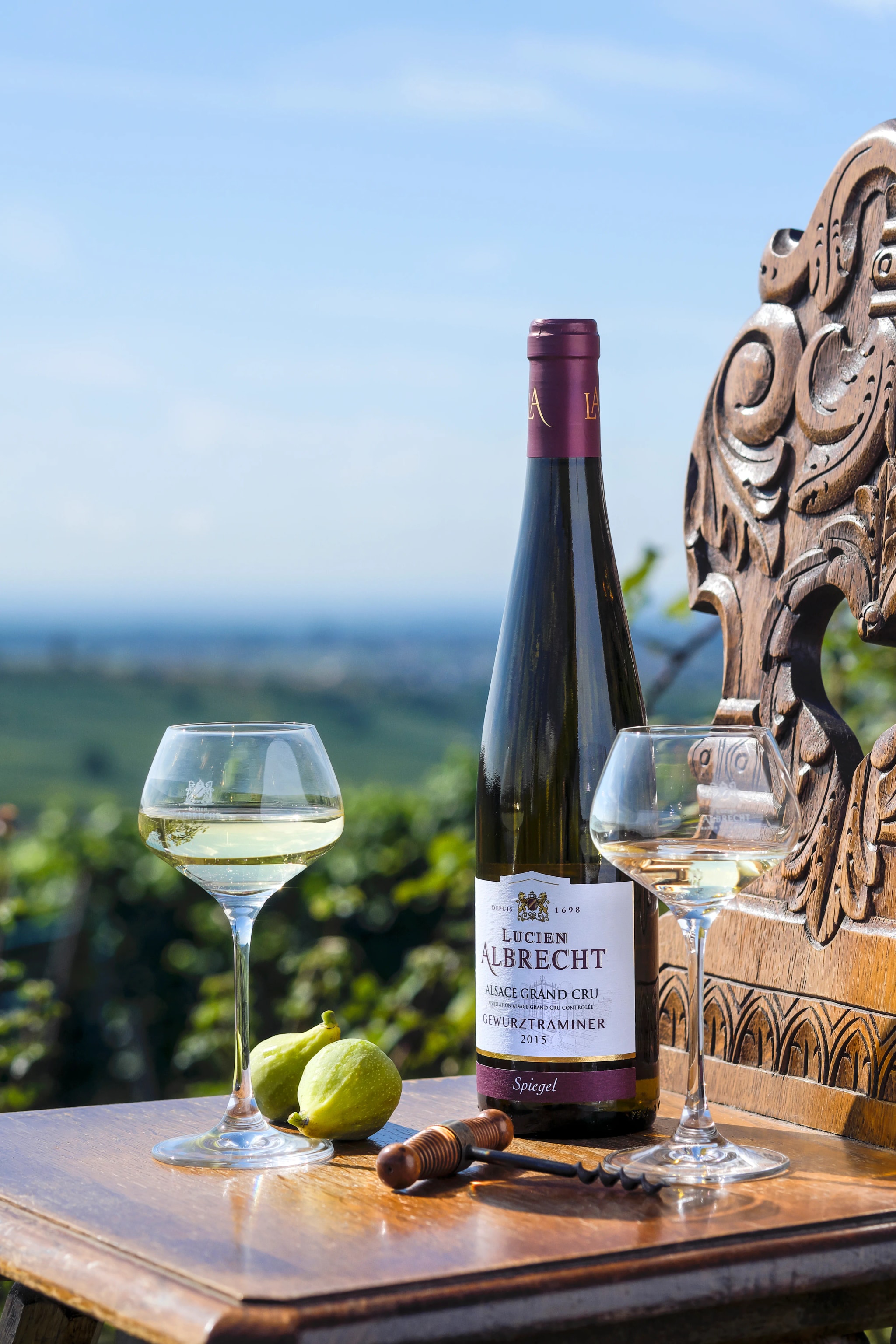 Lucien Albrecht Gewurztraminer Grand Cru Spiegel served on a terrace above the vineyards