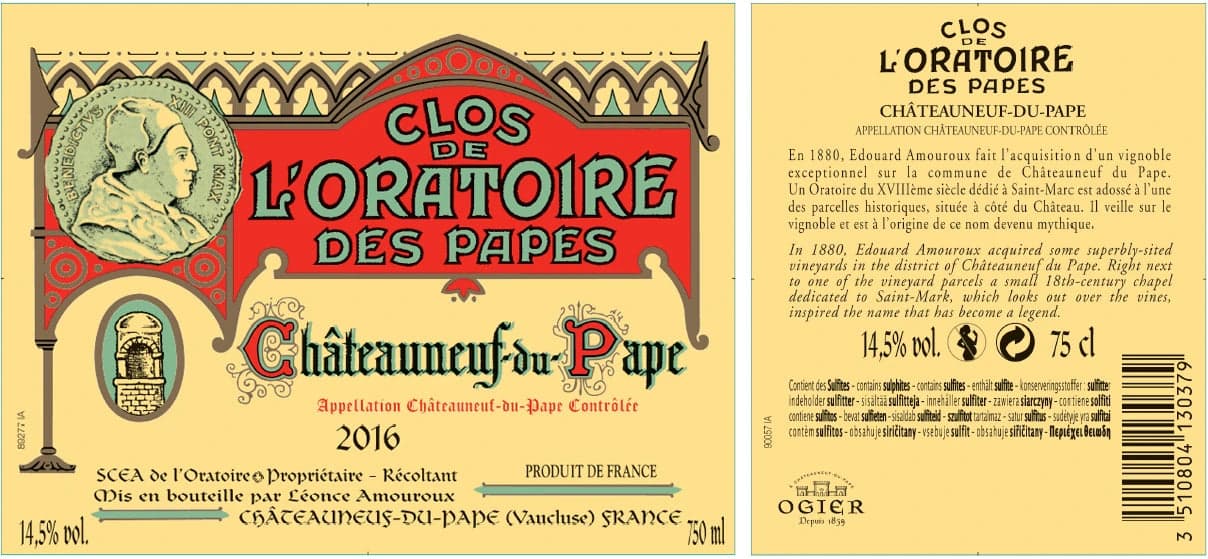 Clos de l’Oratoire des Papes Châteauneuf-du-Pape 라벨로, 지역을 중시하는 구세계 방식과 유서 깊은 론 와이너리의 전통을 보여줍니다.