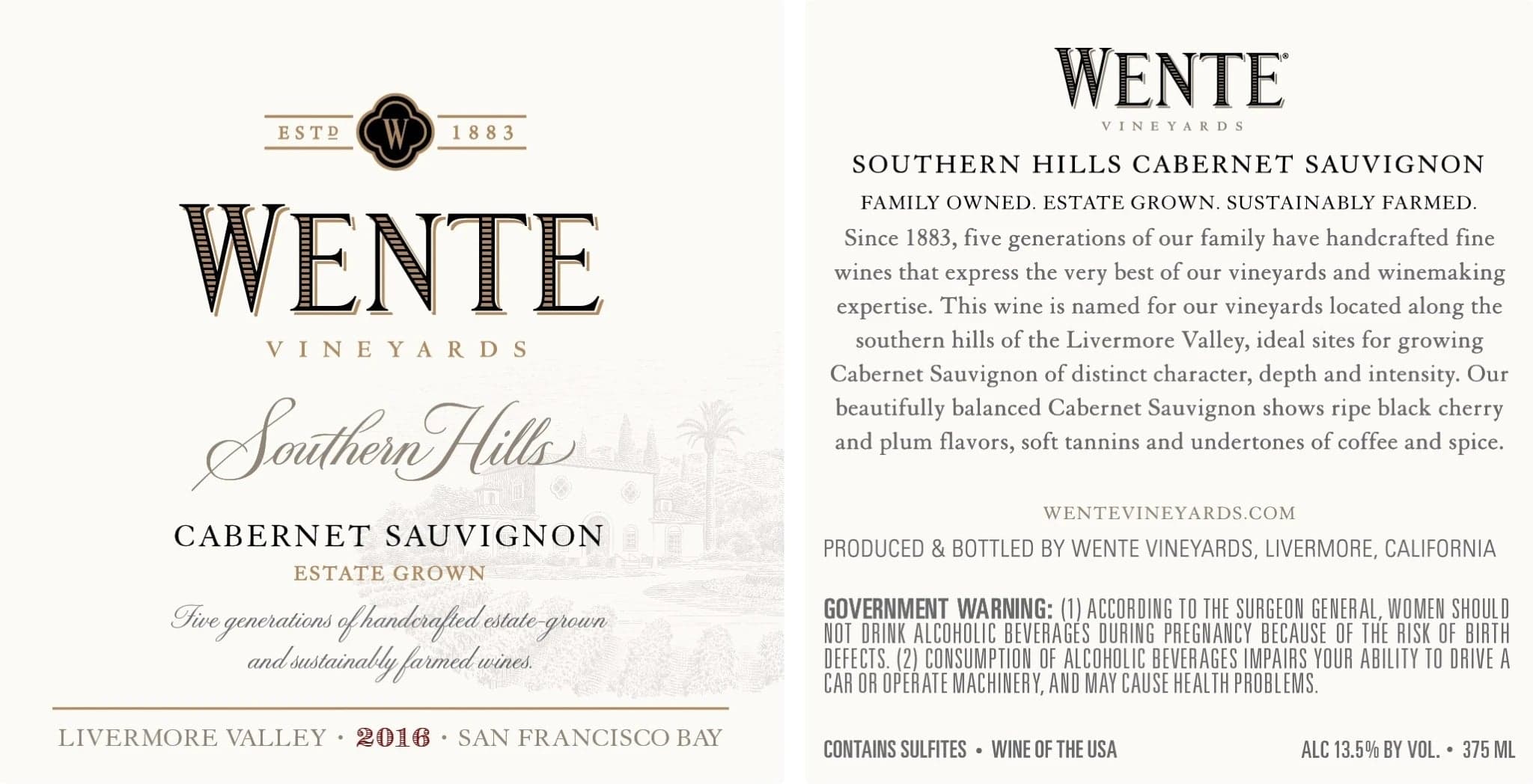 Wente Vineyards의 Southern Hills Cabernet Sauvignon 2016 라벨로, 품종과 원산지 명칭을 명확히 표시하는 신세계 방식을 보여줍니다.