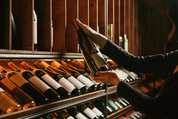Sommelier examining a bottle selected for long-term aging in a wine cellar
