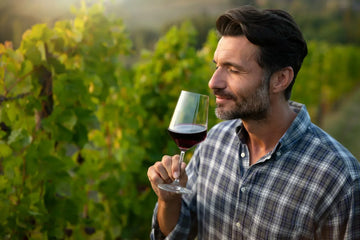 Winemaker standing in a vineyard, smelling a glass of wine to evaluate its aromas and connection to the terroir.