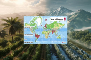 Vineyard landscape split between two climates, showing tropical vines surrounded by palm trees on one side and snow-covered winter vines on the other, symbolizing the diversity of New Latitude wine regions.