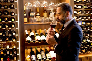 In a sophisticated wine cellar, a connoisseur savors the bouquet of a fine red wine.