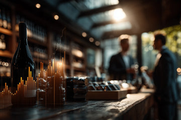 Bottle of wine on a bar with blurred background of people and lights