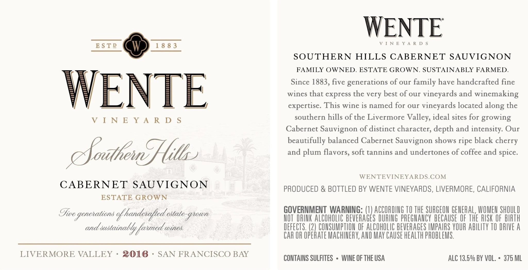 Label of Southern Hills Cabernet Sauvignon 2016 from Wente Vineyards, showcasing the clear New World approach to varietal and appellation labeling.