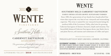 Label of Southern Hills Cabernet Sauvignon 2016 from Wente Vineyards, showcasing the clear New World approach to varietal and appellation labeling.