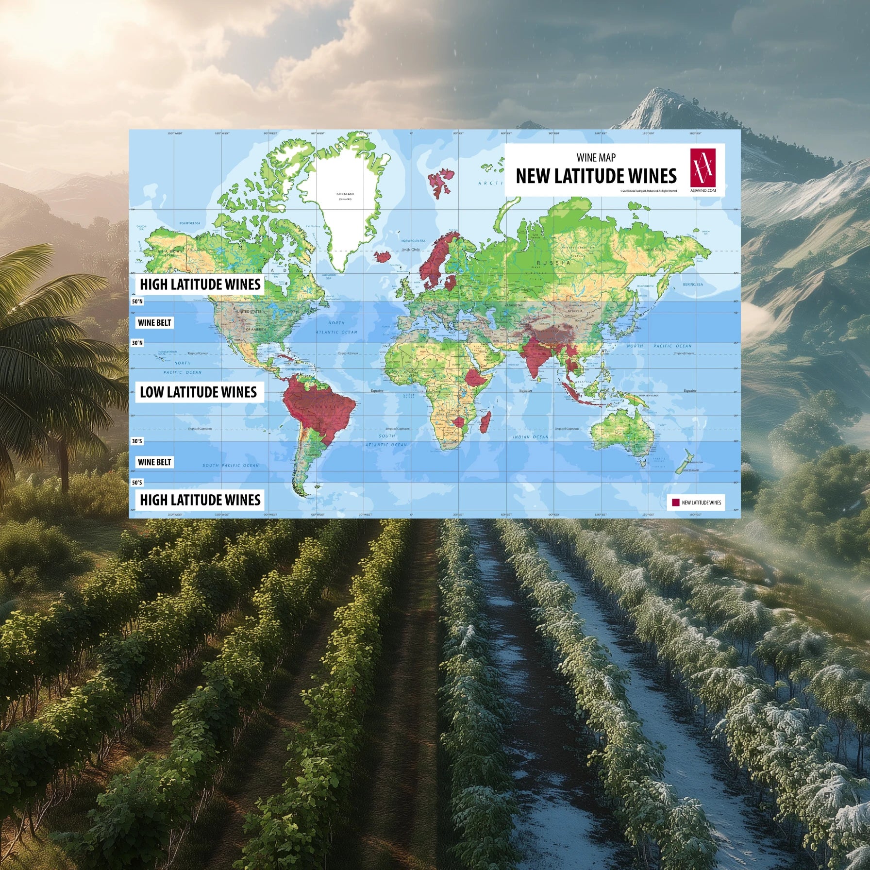 Vineyard landscape split between two climates, showing tropical vines surrounded by palm trees on one side and snow-covered winter vines on the other, symbolizing the diversity of New Latitude wine regions.