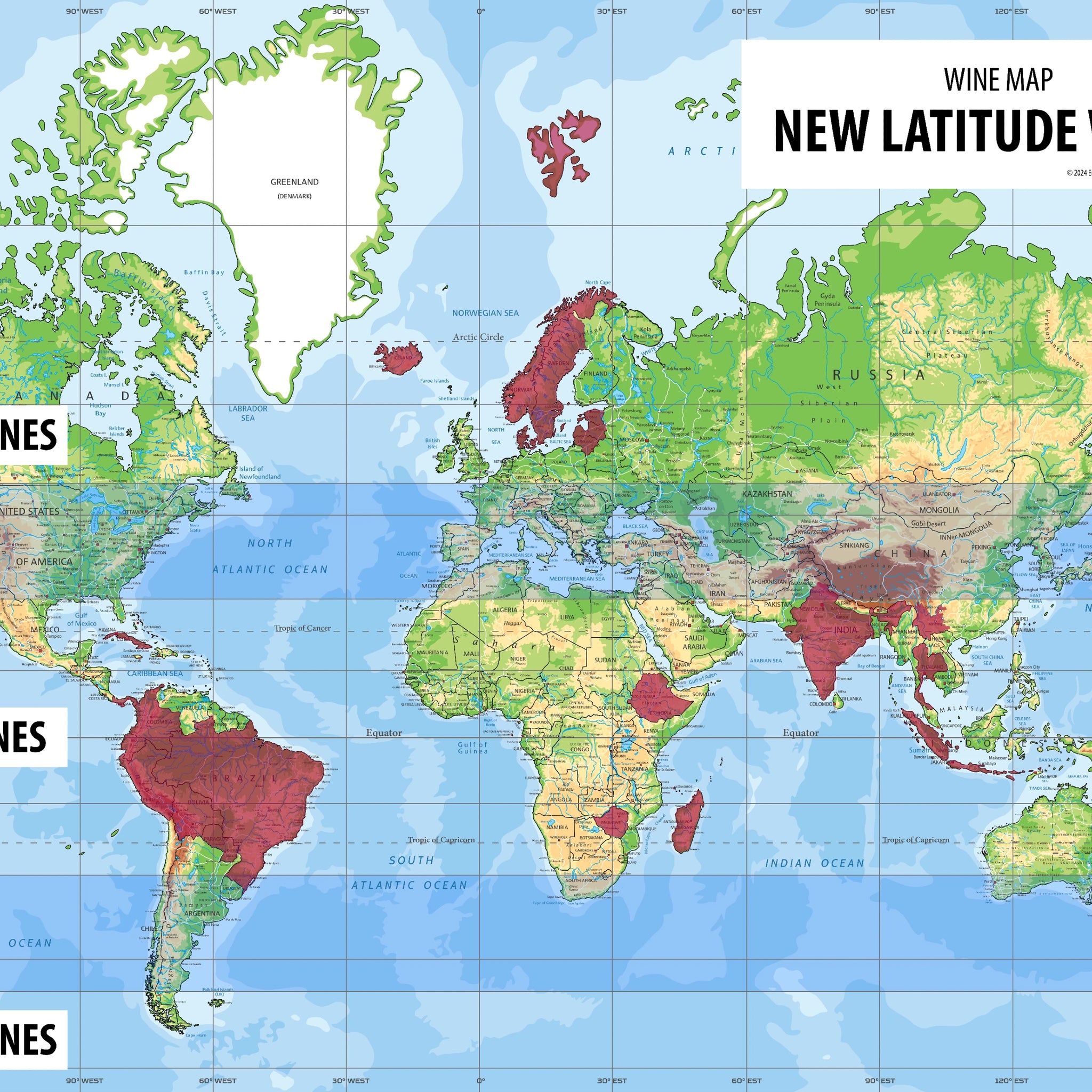 New Latitude Wine Map, showing regions beyond the 30 to 50 degree wine belt.