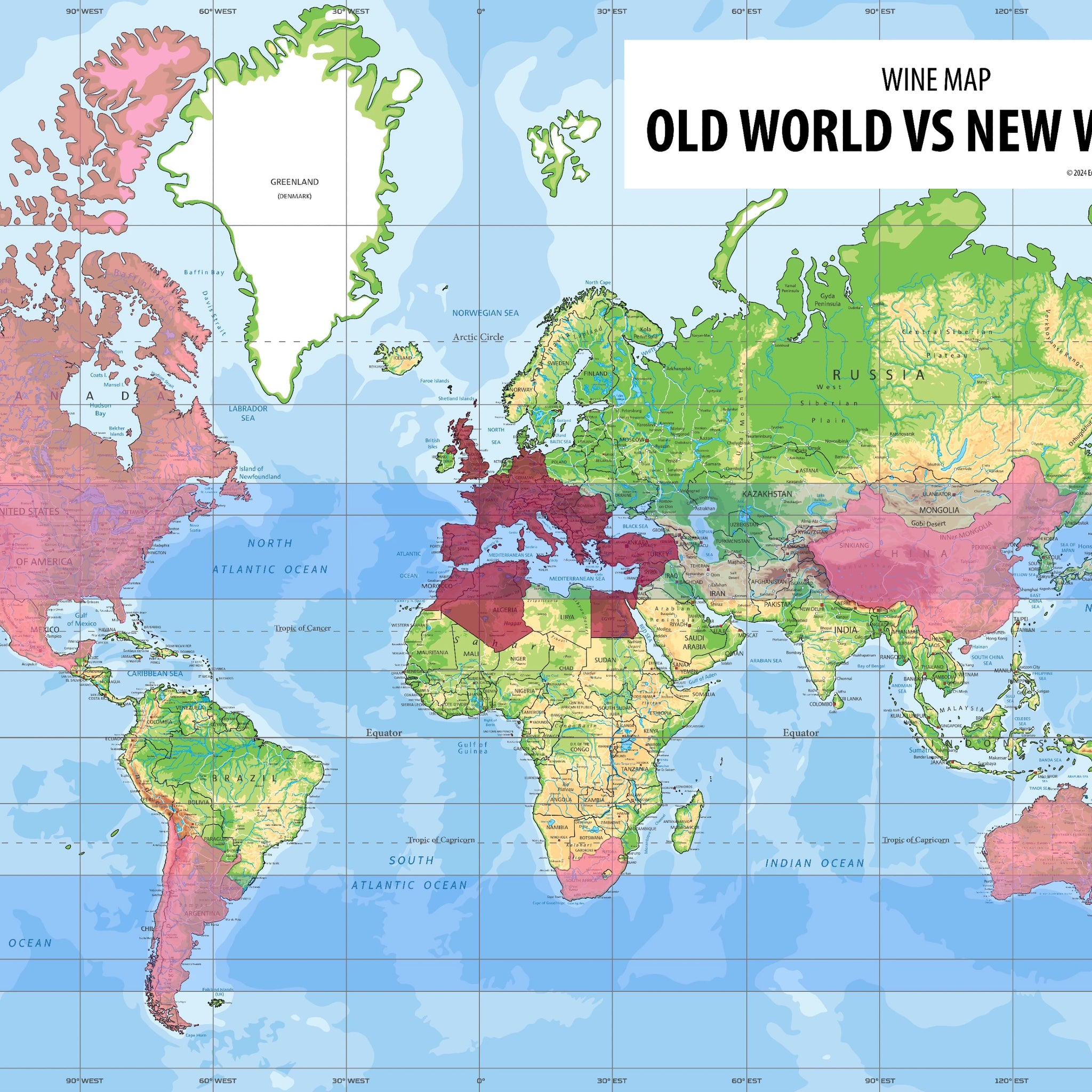 Old World and New World Wine Map, within the traditional 30 to 50 degree wine belt.