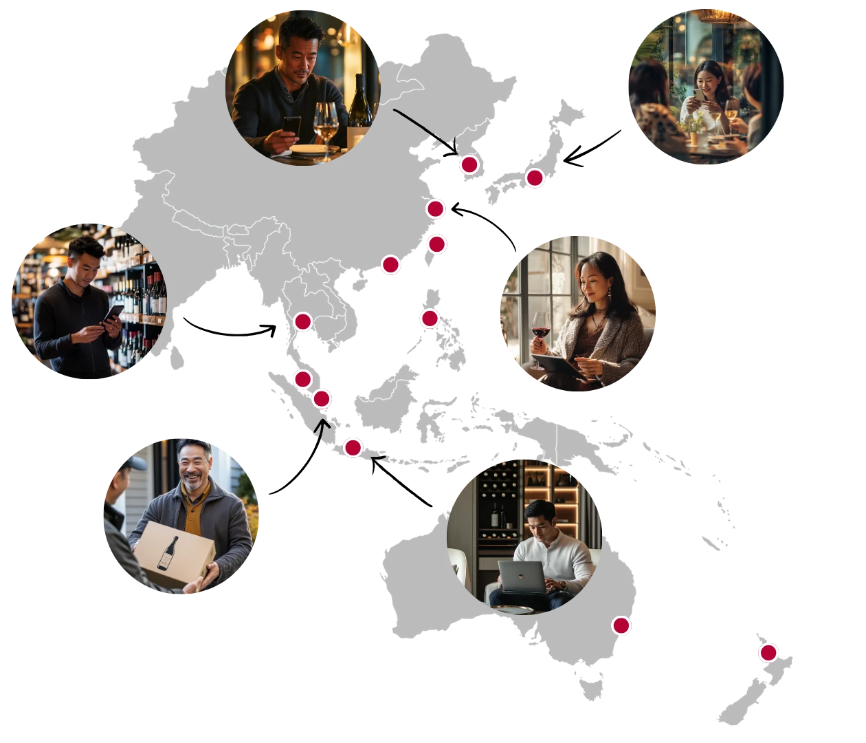Map of Asia featuring wine enthusiasts engaged in different wine-related activities.