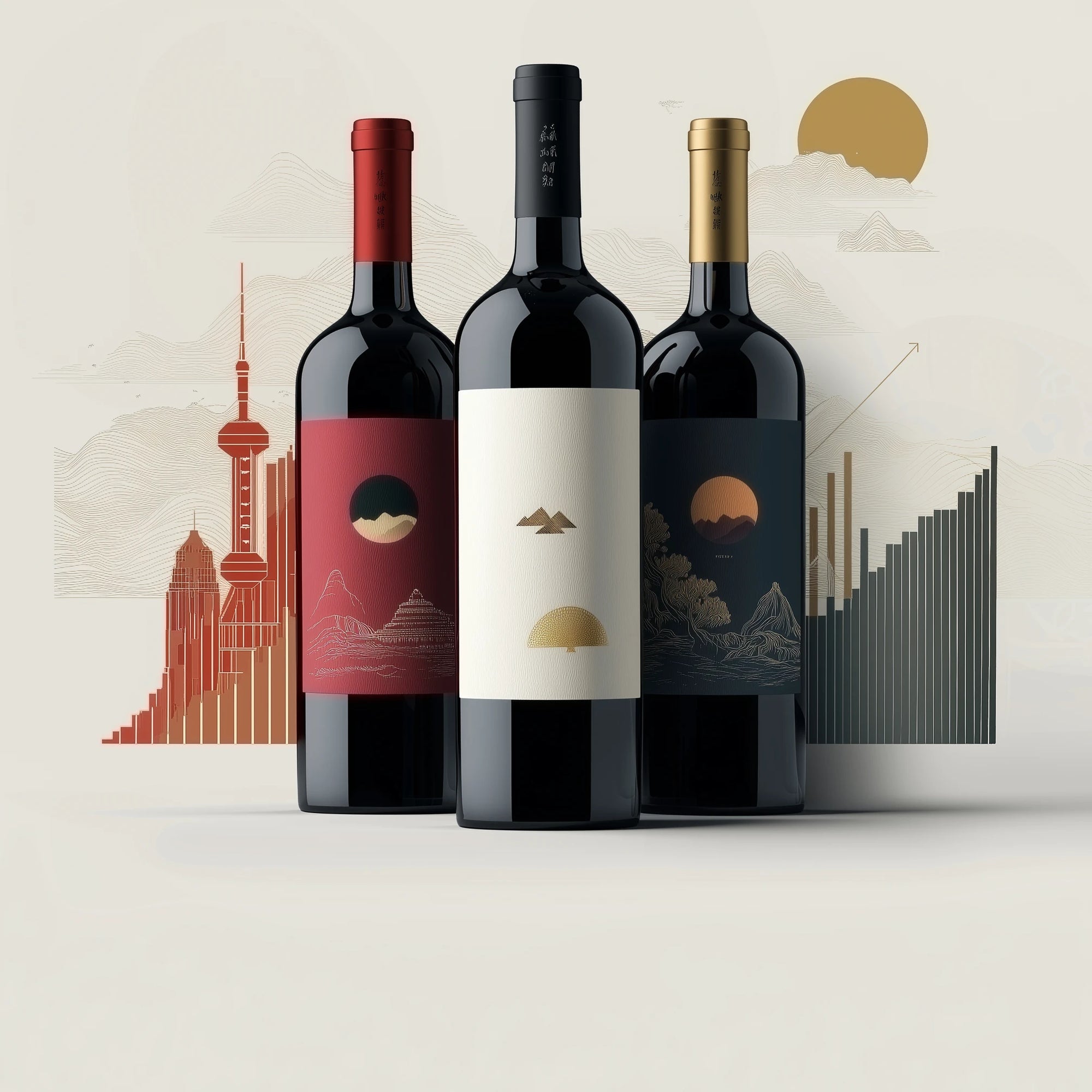 Your Gateway to Asia’s Wine Market. Three wine bottles with artistic labels against a minimalistic background