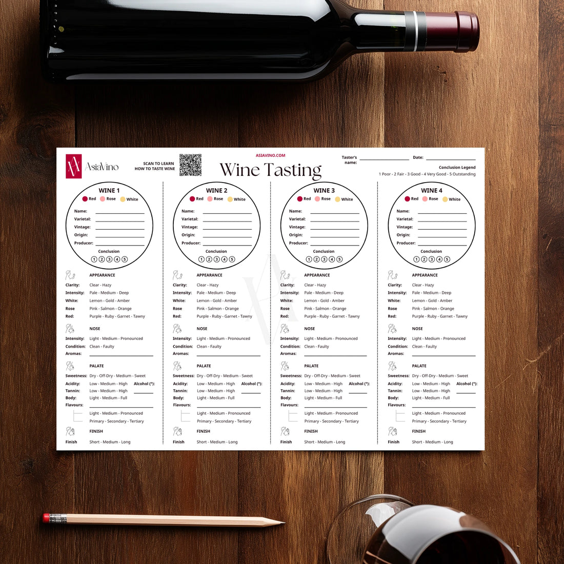 Wine tasting sheet on a wooden table with a wine bottle and glass.