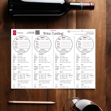 Wine tasting sheet on a wooden table with a wine bottle and glass.