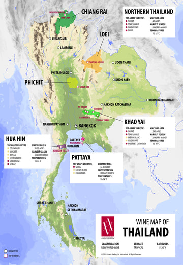 Thailand wine map showing the country’s main wine regions, vineyard concentrations, and key production zones shaped by altitude, climate, and coastal influence.